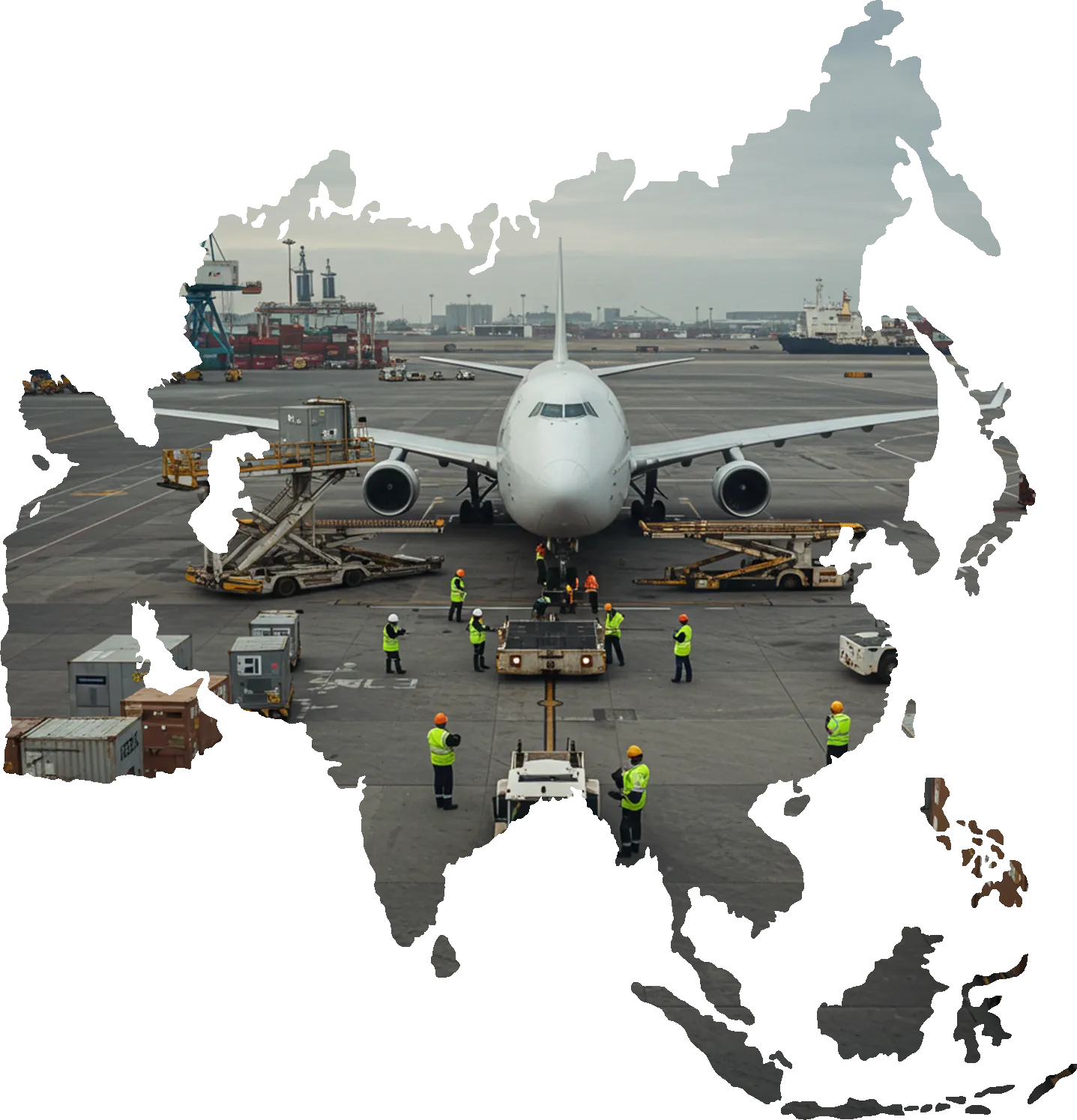 Ground crew preparing cargo plane on airport tarmac